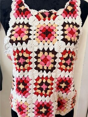Lucky Brand Crochet Granny Square Tank Top in White, Pink, Red, Brown, Tan